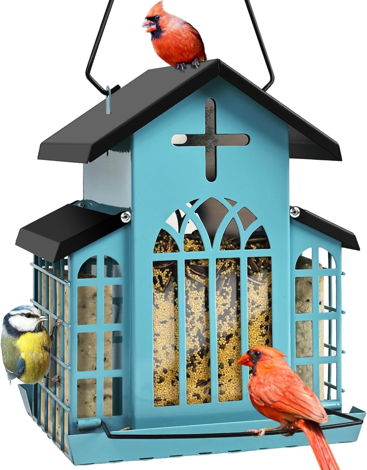 5LB Church Metal Hanging Bird Feeder for Outdoors, Weatherproof Suet Feeders for Outside Hanging, Large Bird Feeders Great for Attracting Finch, Woodpecker and More Wild Birds-Blue