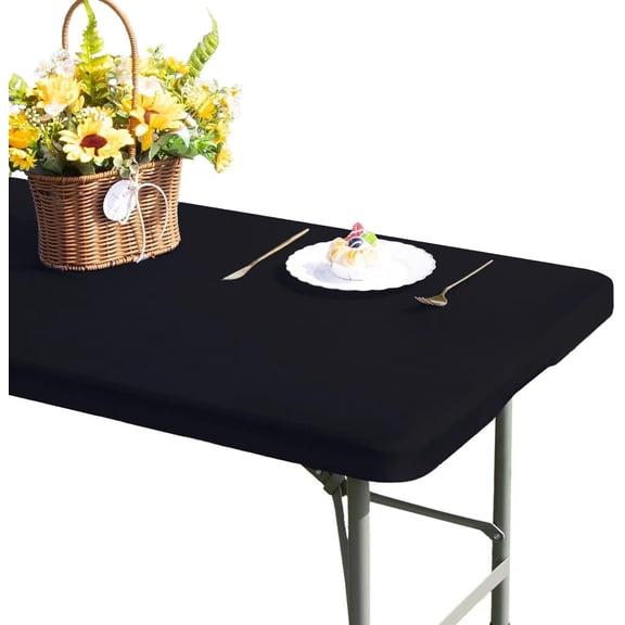 120x75cm Outdoor Folding Table Cloth Black Elastic Fitted Table Covers Rectangle Picnic Tablecloth Fits for 4 Foot Folding Table