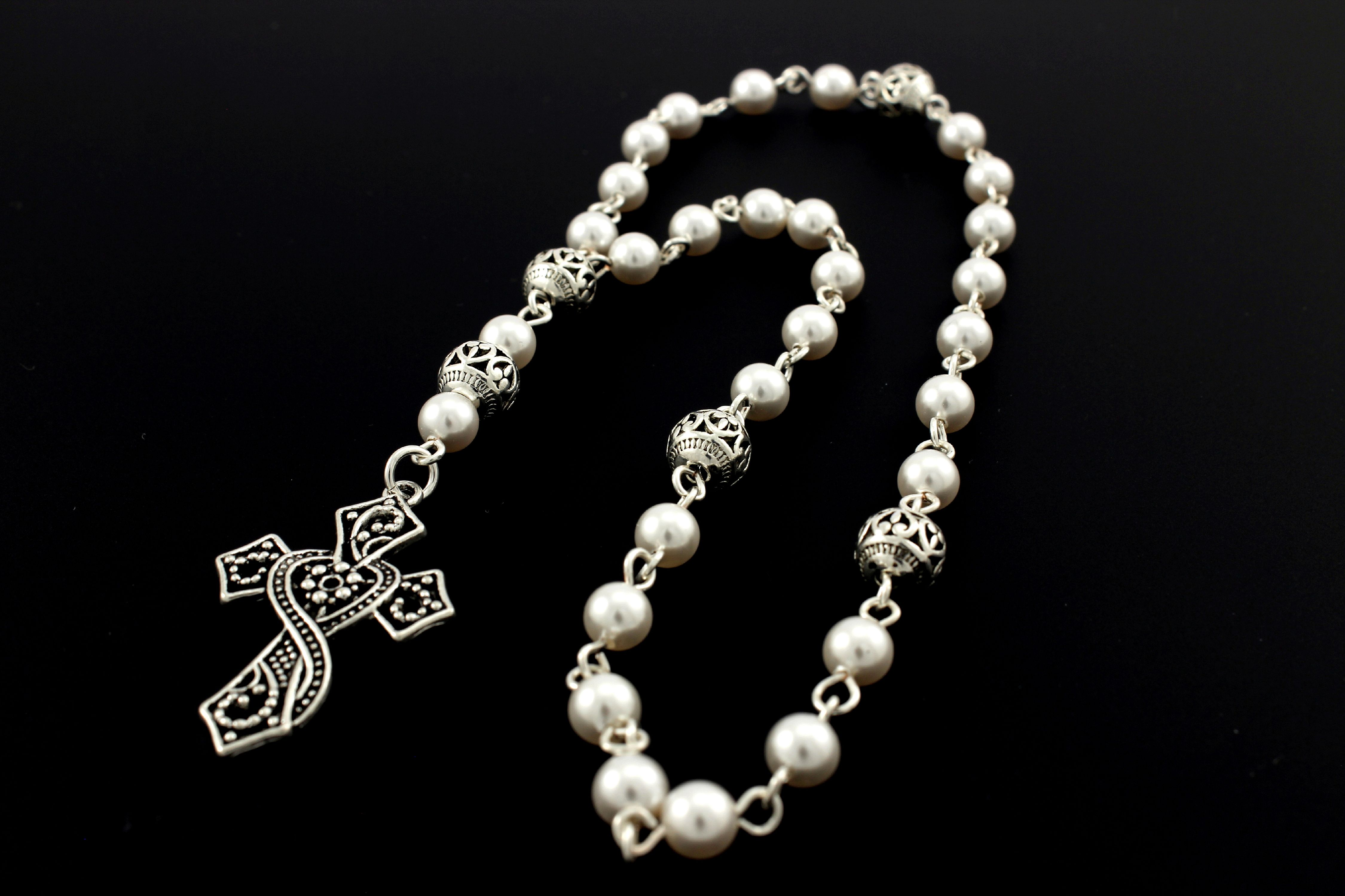 Anglican Prayer Beads with White Swarovski Pearls, Ornate Cross