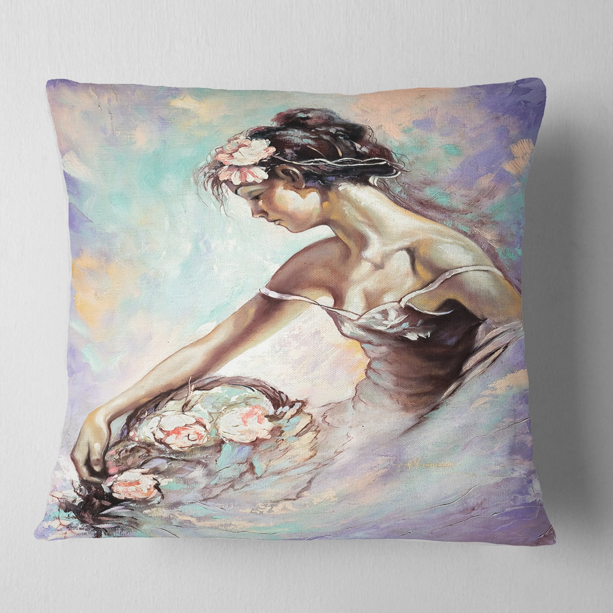 Designart Girl with Flower Bouquet - Floral Throw Pillow - 16x16