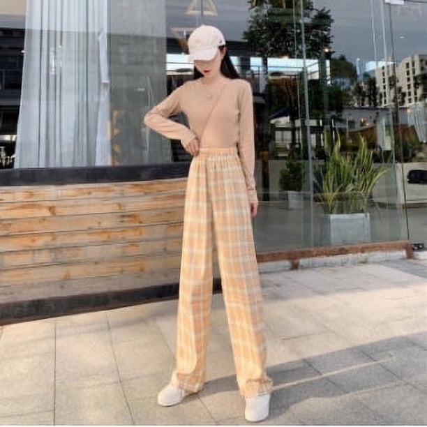 Pantalones a cuadros de seda de hielo Pantalones rectos verticales de verano para mujer Pantalones de pijama holgados de color rosa Pantalones anchos a cuadros de cintura alta y finos