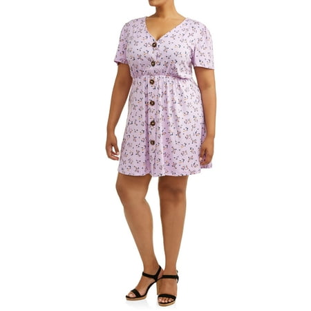 Juniors' Plus Ditsy Floral Button Front Dress