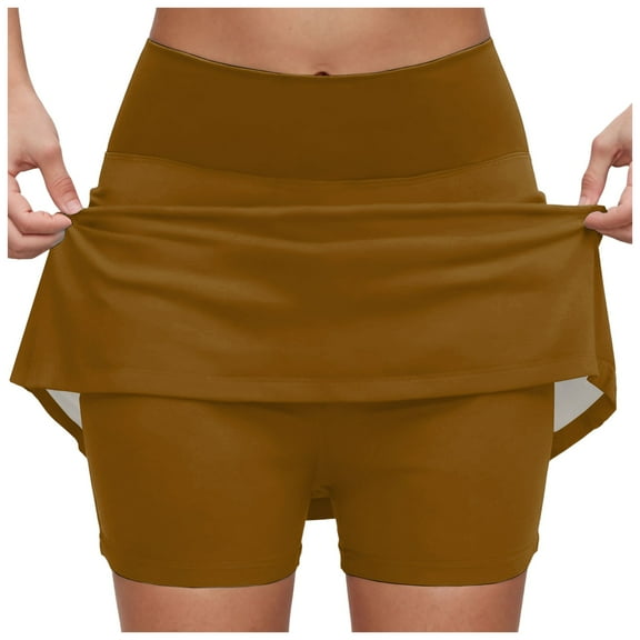 TTUHYWXI Women's Tennis Skorts with 2 Pockets Plus Size Golf Skirts High Waisted Pleated Athletic Skirt for Pickleball Running (Khaki, 5XL)