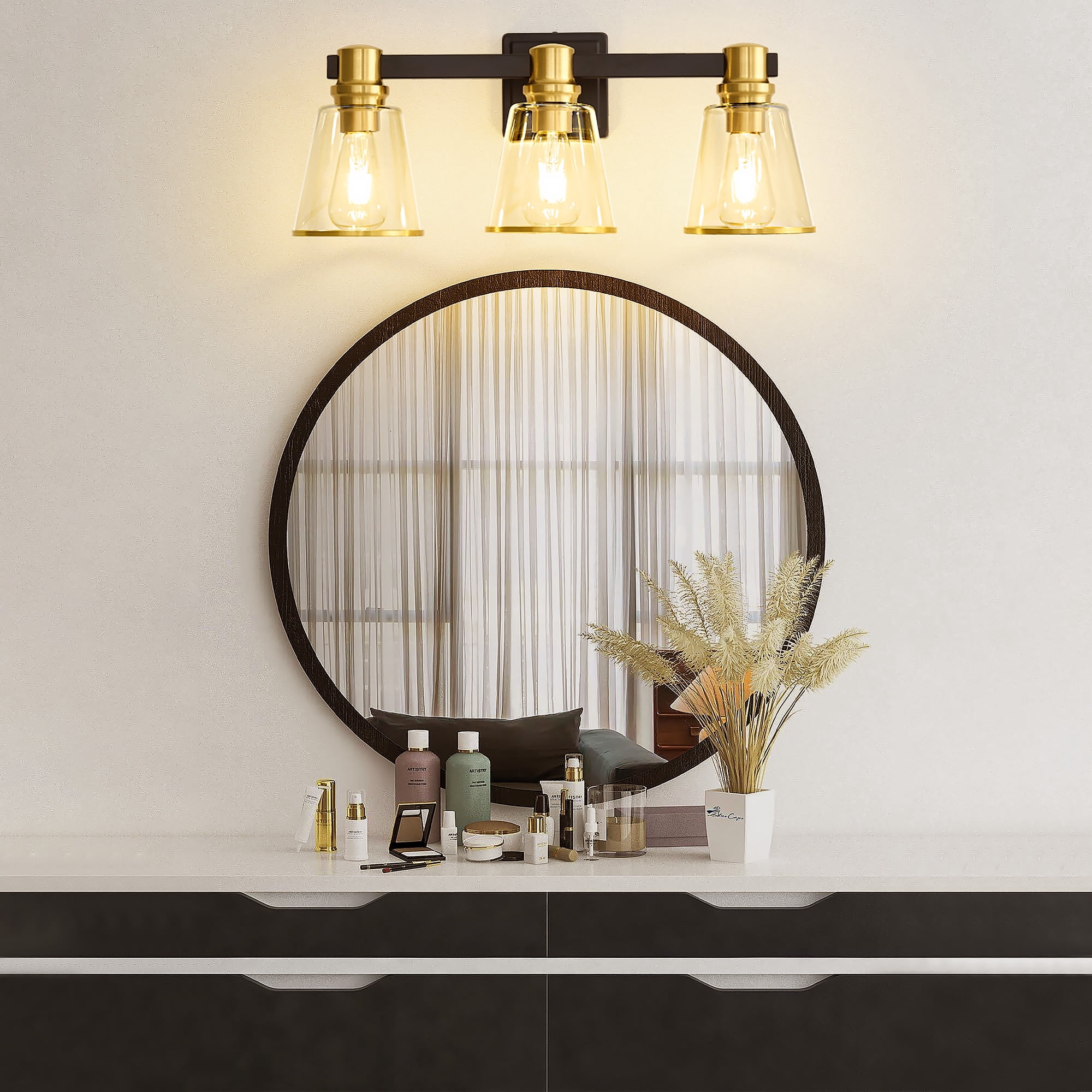 Vanity Lights Black Gold Bathroom Light Fixtures Over Mirror, 3 Light Vanity Lighting Fixtures, Mid Century Modern Wall Sconce with Clear Glass Shades for Farmhouse Bedroom