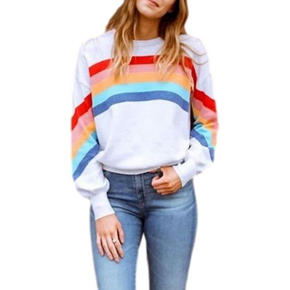 HLSOHJP Women's Rainbow Print Sweatshirt Long Lantern Sleeve Colorful Striped Color Block Pullover Tops Casual Jumpers