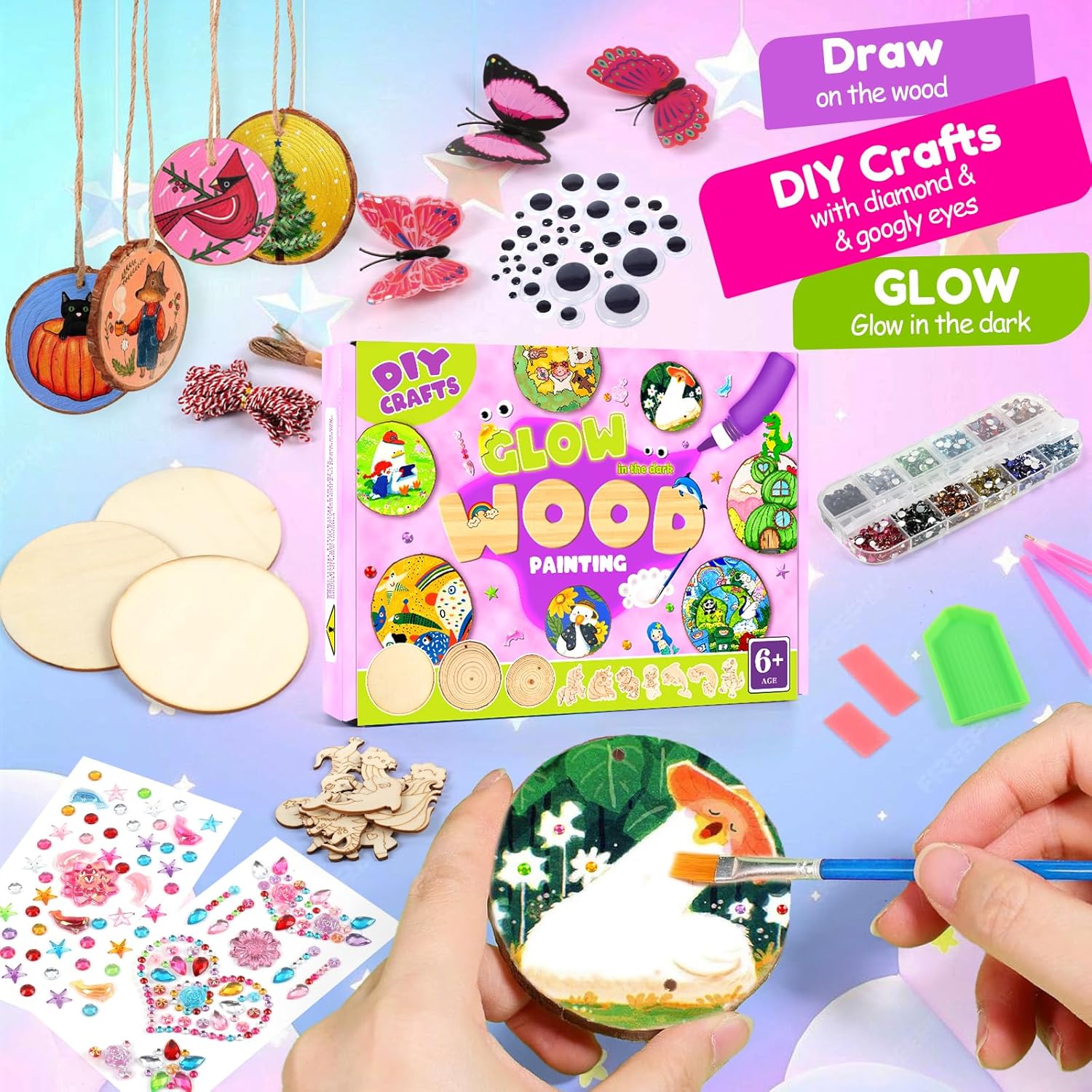 Wooden Painting Kit for Kids 6-12, 26 Pcs Wood Slices Craft Kit Gift Set with Assorted Gems & Diamond Painting Tools, Creative Art Activity Supplies for Boys Girls