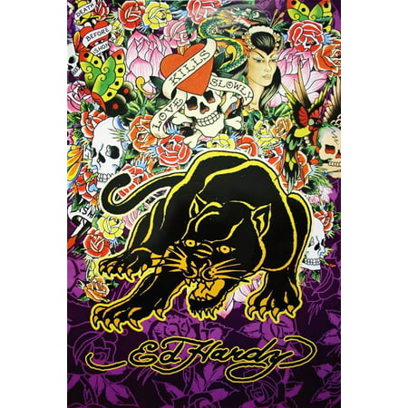 Ed Hardy Black Panther (Love Kills Slowly) 36x24 Tattoo Art Print Poster Roses and Skulls with Hidden