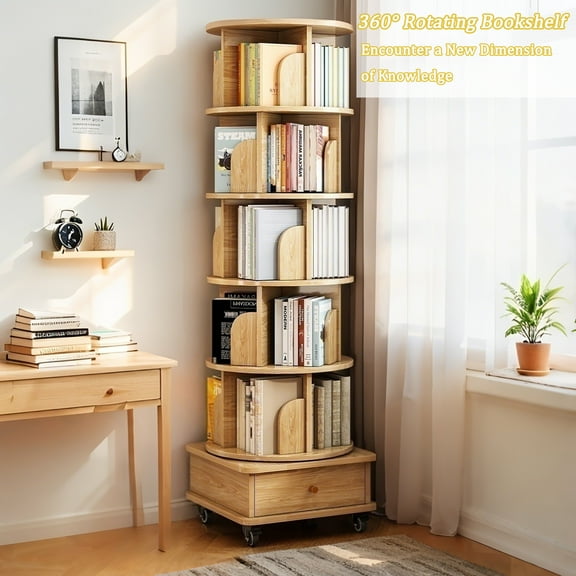 6 Tier Rotating Bookshelf, 360° Display Round Spinning Bookshelf with Wheels and Drawer, Space-Saving, Small Space Rotating Bookshelf Tower for Bedroom, Living Room, Home, Office, Wood Color