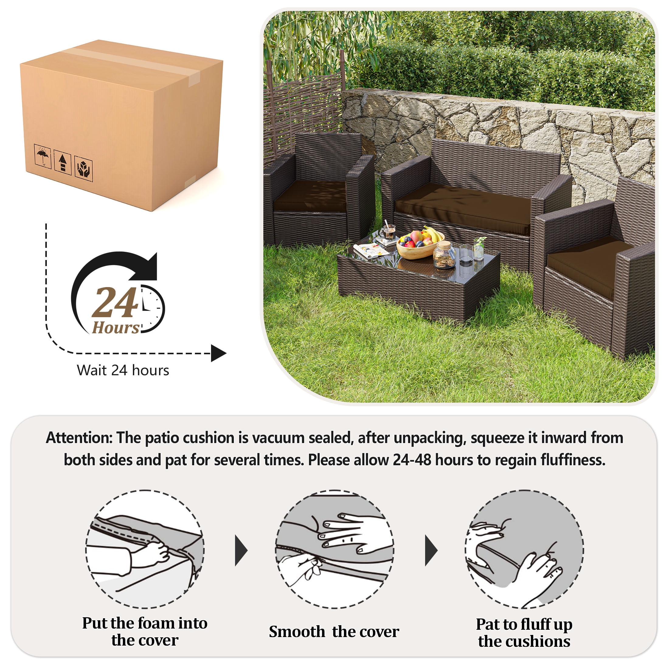 Snubbull 3 Pack Loveseat Cushion Set, 36" x 18" x 3" Waterproof Outdoor Chair Replacement Cushions for 4-Seater Wicker Rattan Patio Furniture, Chocolate