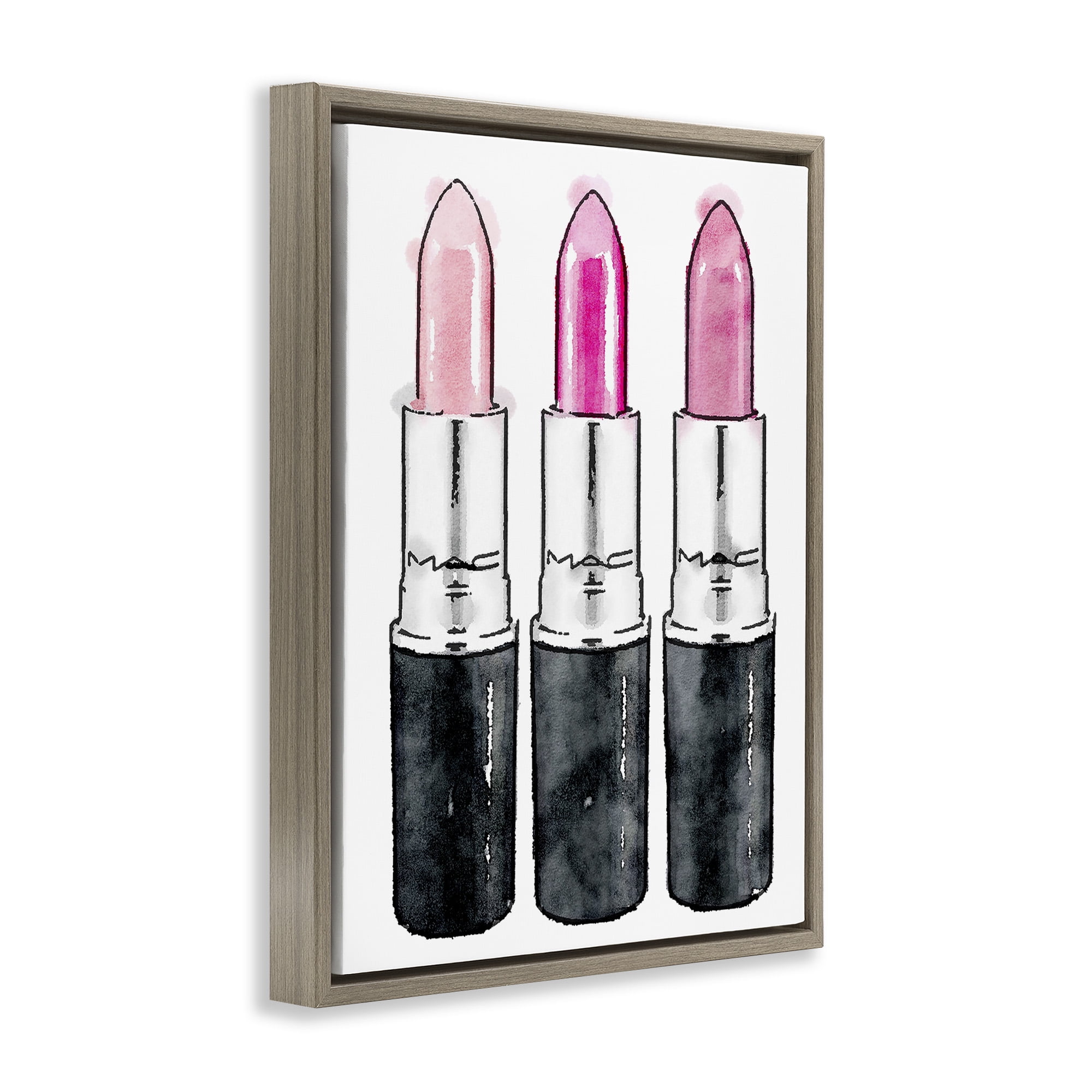 Stupell Industries Three Pink Lipsticks Beauty & Fashion Painting Brown Floater Framed Canvas Art Print Wall Art, 25 x 31