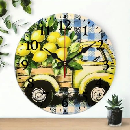 ZFLMY Lemons Folk Art Round Wooden Wall Clock Wall Hanging Decor Battery Operated Perfect for Living Rooms Kitchens Dorms Practical Everyday Gifts 10x10in