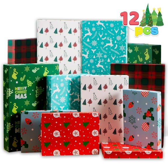 Joyfy 12 Pcs Christmas Paper Gift Boxes Assorted Sizes with Lids, Base, Xmas Shirt Wrap Box, Holiday Present Box for Birthday Party Favors Decorations Gift Wrapping