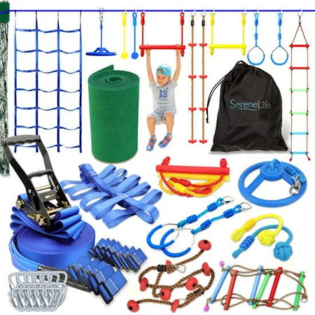 SereneLifeHome Ninja Slack Line Obstacle Course 50ft Slackline with 18 Jungle Gym Tree Climbing Attachments Outdoor Play Equipment Set, Rope Ladder & Accessories, Assorted Color, SLSNJWR50
