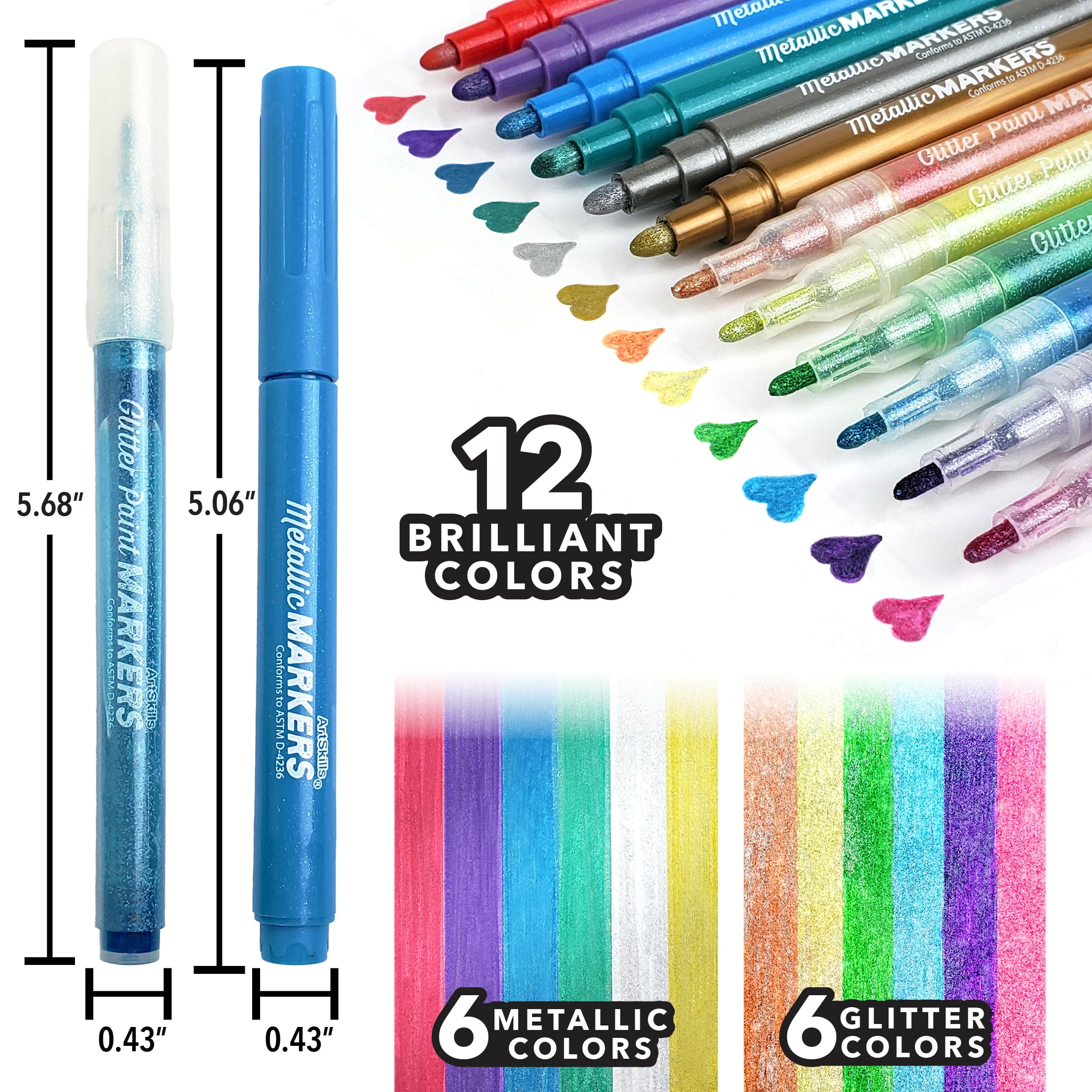 ArtSkills Metallic & Glitter Art Markers for Kids, 12 Pieces