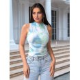 thumbnail image 6 of Womens Summer Floral Mesh Sleeveless High Neck Ruched Slim Fitted Casual Tank Top Going Out Tops Blue & Green XXL, 6 of 9