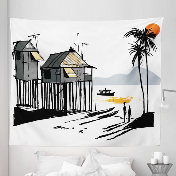 Coastal Tapestry, Sketchy Fishing Village Malay in Singapore with Houses Canoe Palms Sun Print, Fabric Wall Hanging Decor for Bedroom Living Room Dorm, 5 Sizes, Black Grey Orange, by Ambesonne
