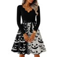 thumbnail image 6 of Women's Halloween Dress Castle 1950s Long Sleeve Retro Swing Dress Skeleton Printed V-Neck Cute Dresses with Belt 2XL, 6 of 7