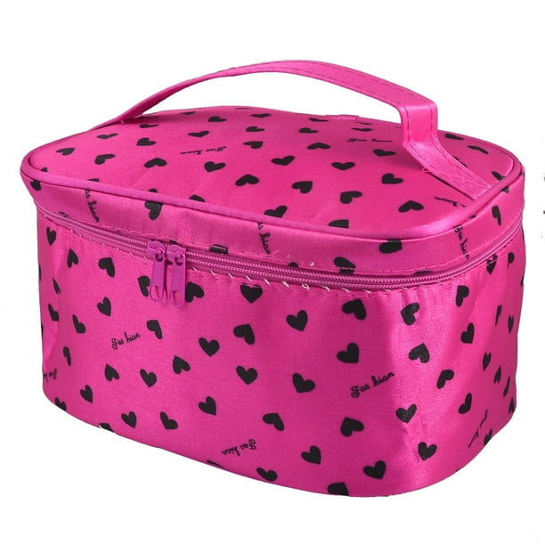 Unique Bargains Lady Heart Print Zipper Closure Fuchsia Travel Cosmetic
