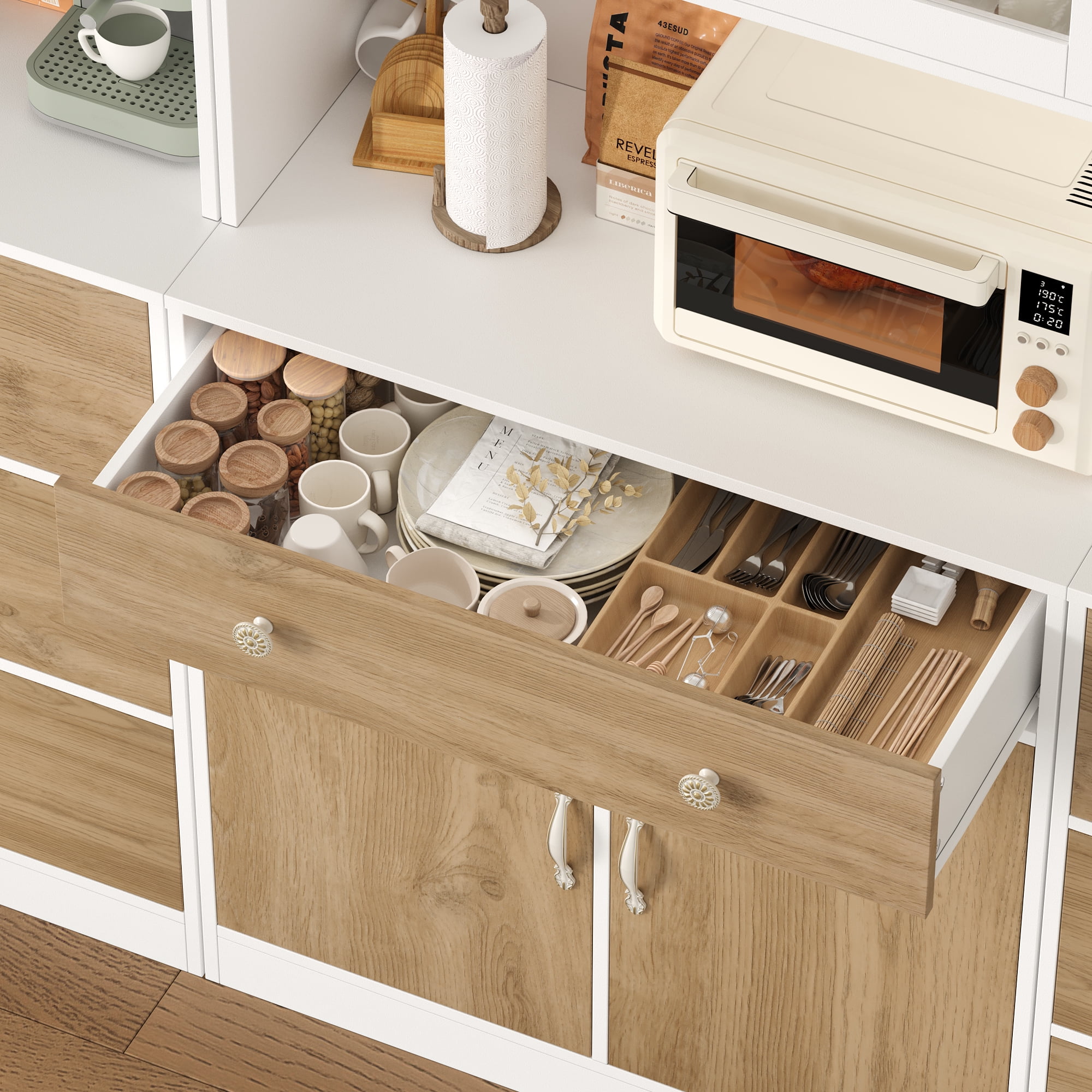 Homfa 71'' Kitchen Pantry Cabinet with Microwave Shelf & Drawer, 4 Doors Pantry Storage Cabinet with Adjustable Shelves for Dining Room, White+ Khaki