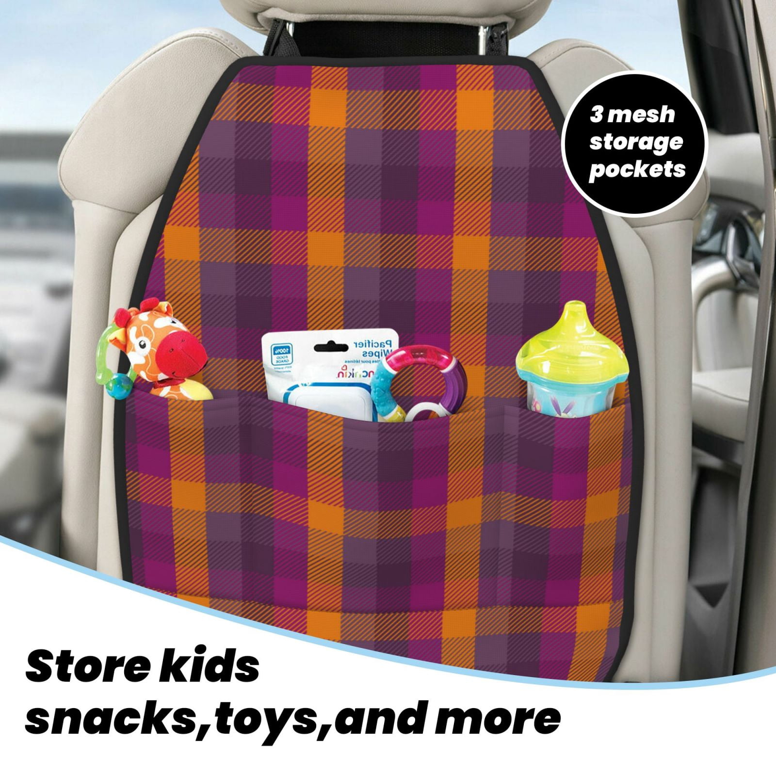 Kdxio Orange and Purple Plaid Print 2 Pack Car Kick Mat Seat Cover Back Protector Mat with Pockets for Organizer Backseat Protector and Storage Anti Kick Pad for Vehicles