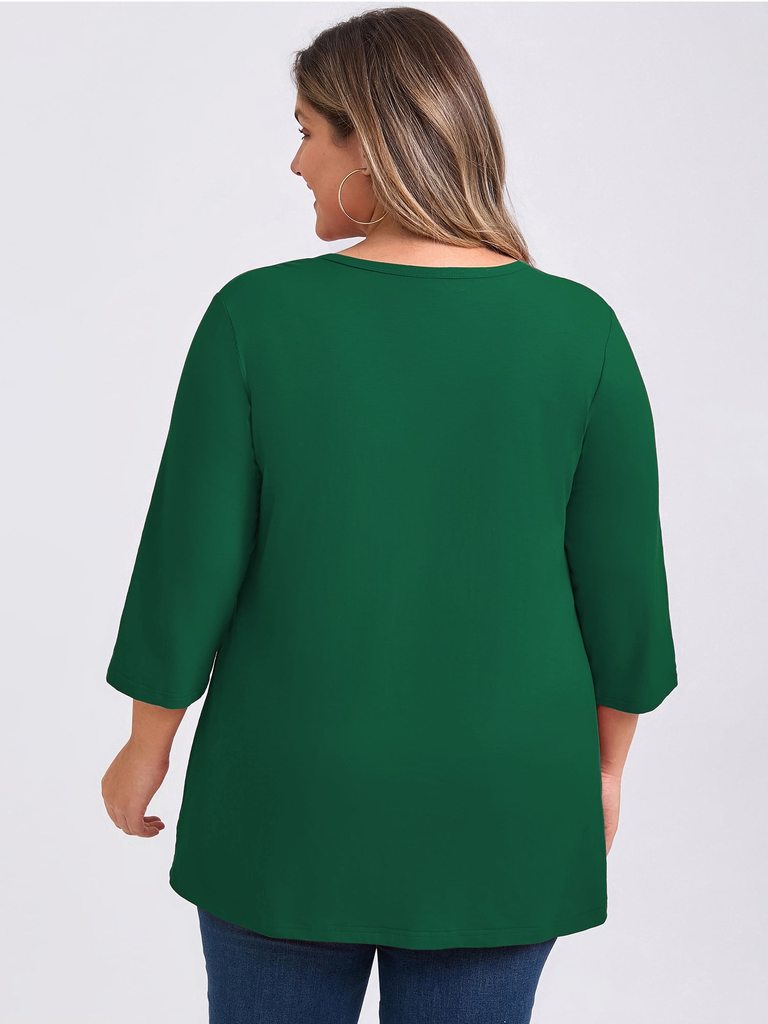 Women's Plus Notched Neck 3/4 Sleeve Front Pleated Button Decor Blouses Dressy Casual 1X Dark Green