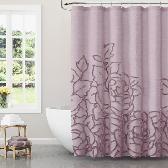 Beautiful Rose Pink Botanical Branch Chenille Cotton Shower Curtain by Drew Barrymore, 72" x 72"