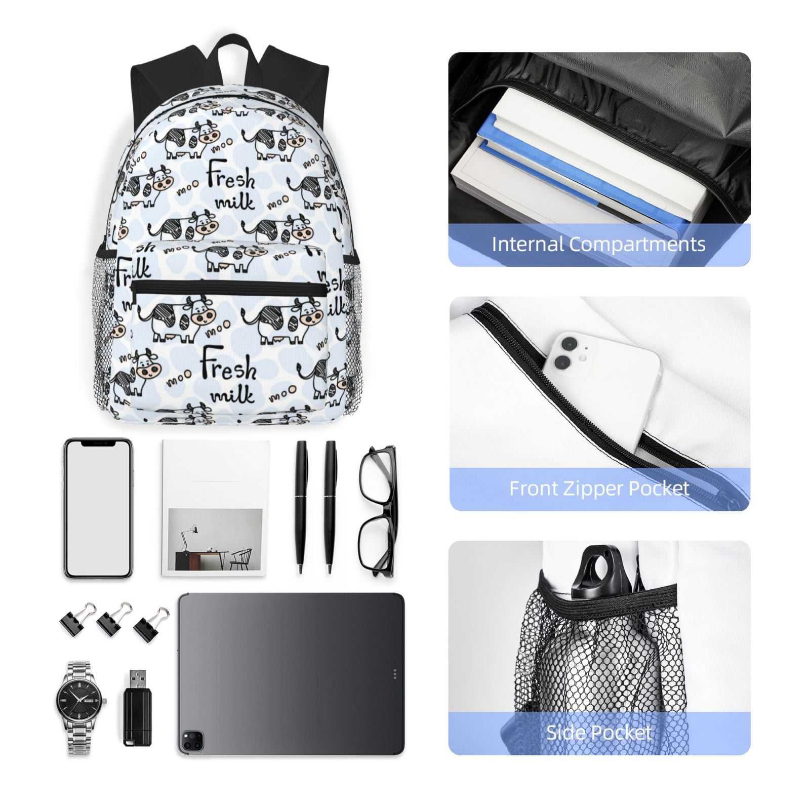 Horeoi Cow With Fresh Milk Print Casual Backpack for School Work Travel Hiking with Laptop Compartment and Side Pockets Lightweight Design
