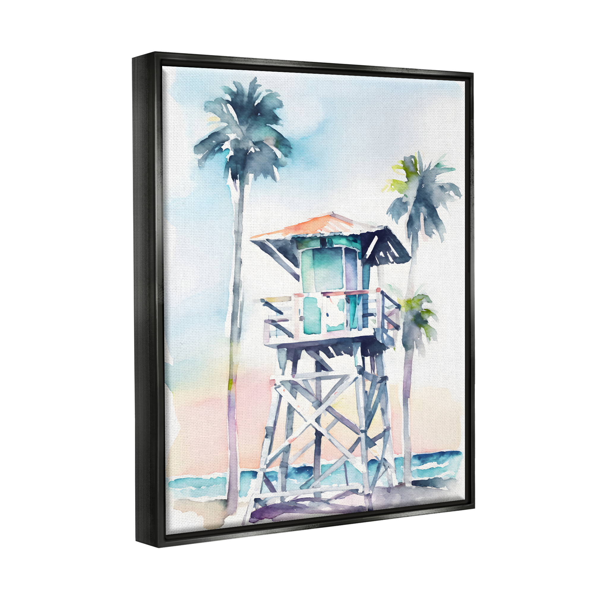 Stupell Industries Lifeguard Hut on Beach Landscape Painting Black Floater Framed Canvas Art Print Wall Art, 17 x 21