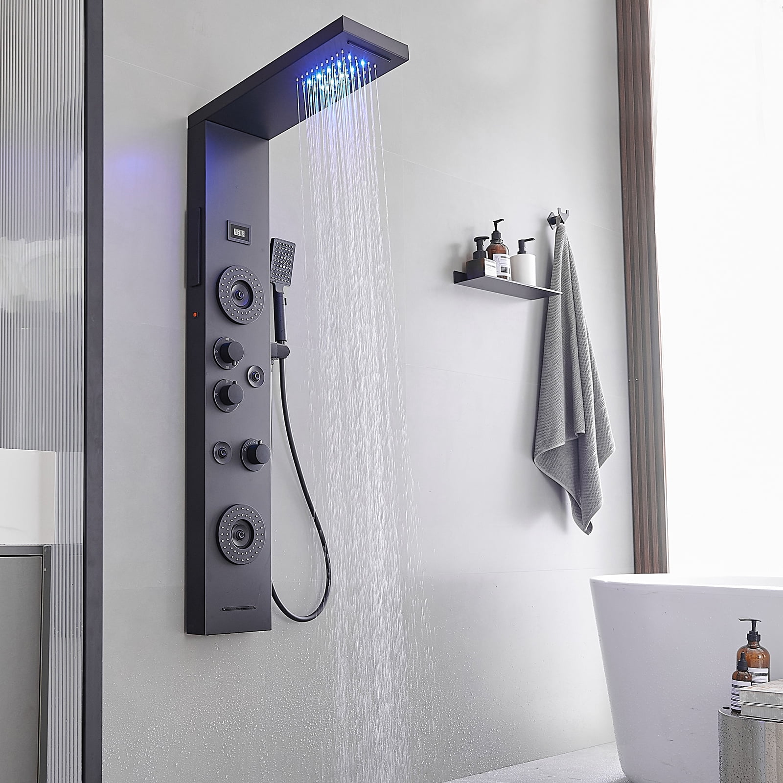 5-Jet Rainfall Shower Panel System with Rainfall Waterfall Shower Head and Shower Wand With LED Light in Stainless Steel