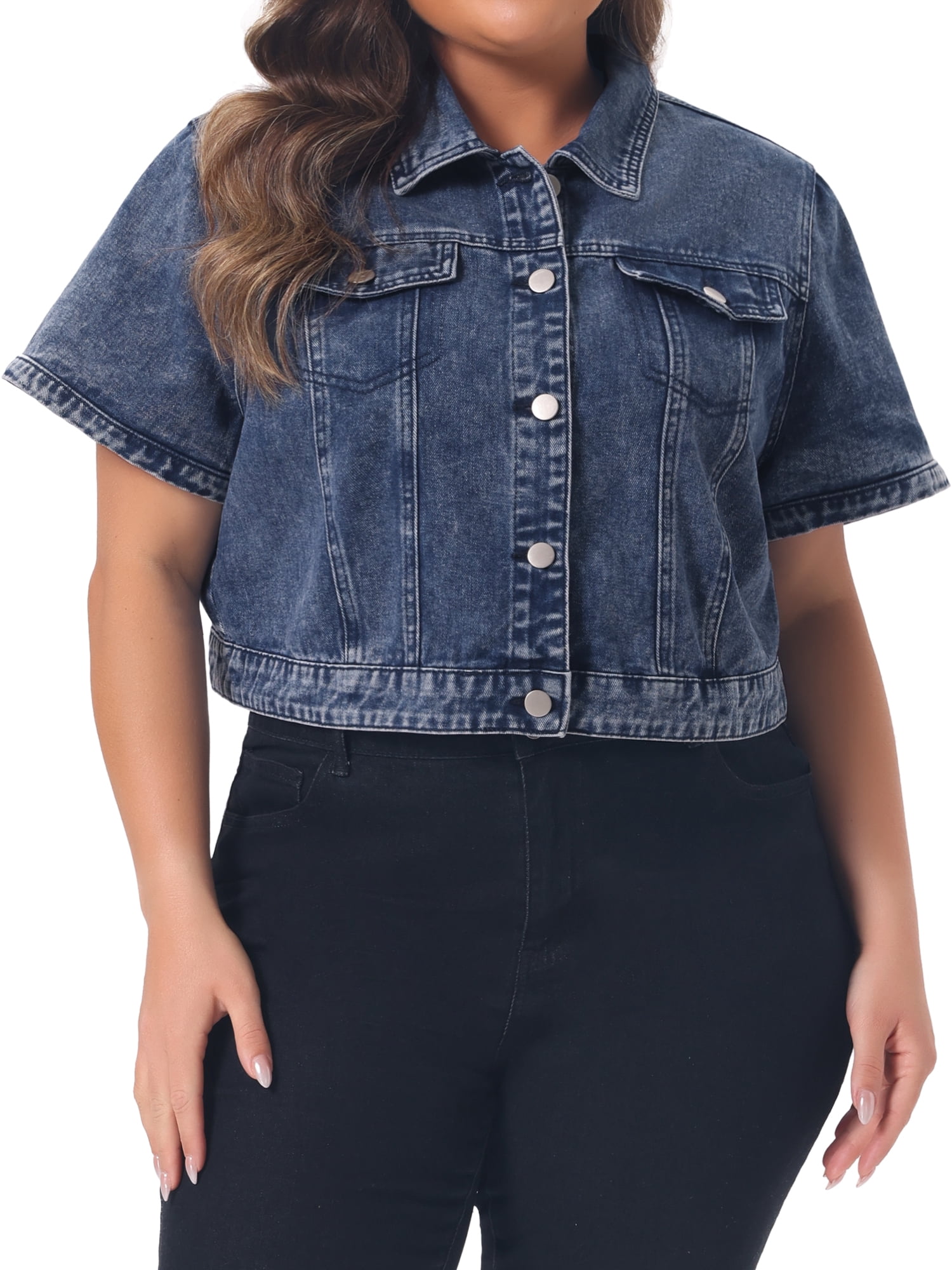 DARING DIVA Women's Plus Size Short Sleeves Button Down Jean Jacket 2X Snow Washed Blue