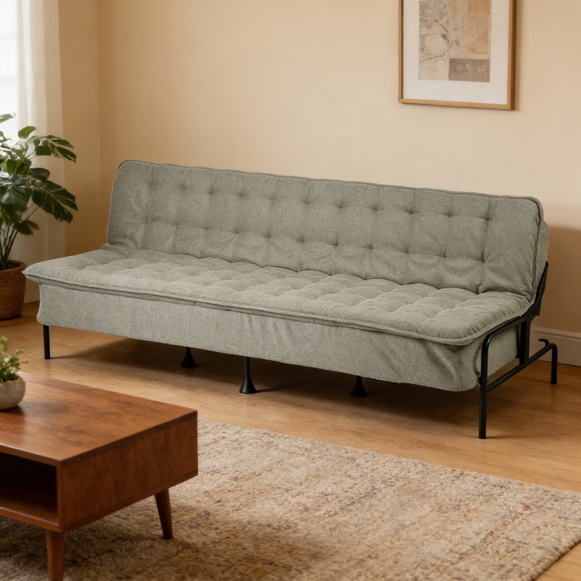 BSHTI 76" Linen Futon Sofa Bed – 3 Adjustable Backrest Angles, Convertible Couch, Metal Frame with Anti-Slip Feet, Space-Saving for Apartment Living Room Small Space，Gray