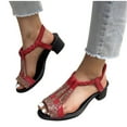 thumbnail image 4 of Womens Sandals Summer Women Beach Fashion Casual Daily Chunky Heel Open Toe Elastic Ankle Strap Peep Toe Rhinestone Slippers Shoes Red 5, 4 of 9