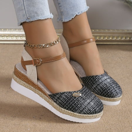 

Ediodpoh Large Color Patchwork Toe Sloping Heel Lightweight Rope Braided Buckle Thick Soled Women s Sandals Womens Sandals Grey 9(42)