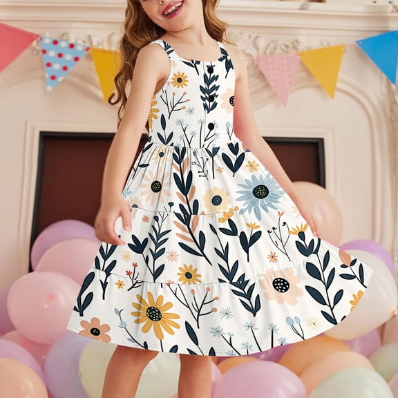 Riecok Girls Sleeveless Button Down Tiered Dress 2-12 Comfortable Lightweight Breathable Flowy Summer Vacation Round Neck Floral Print Layered Light Big Flowers with Pockets Kids Dress Multicolor 100