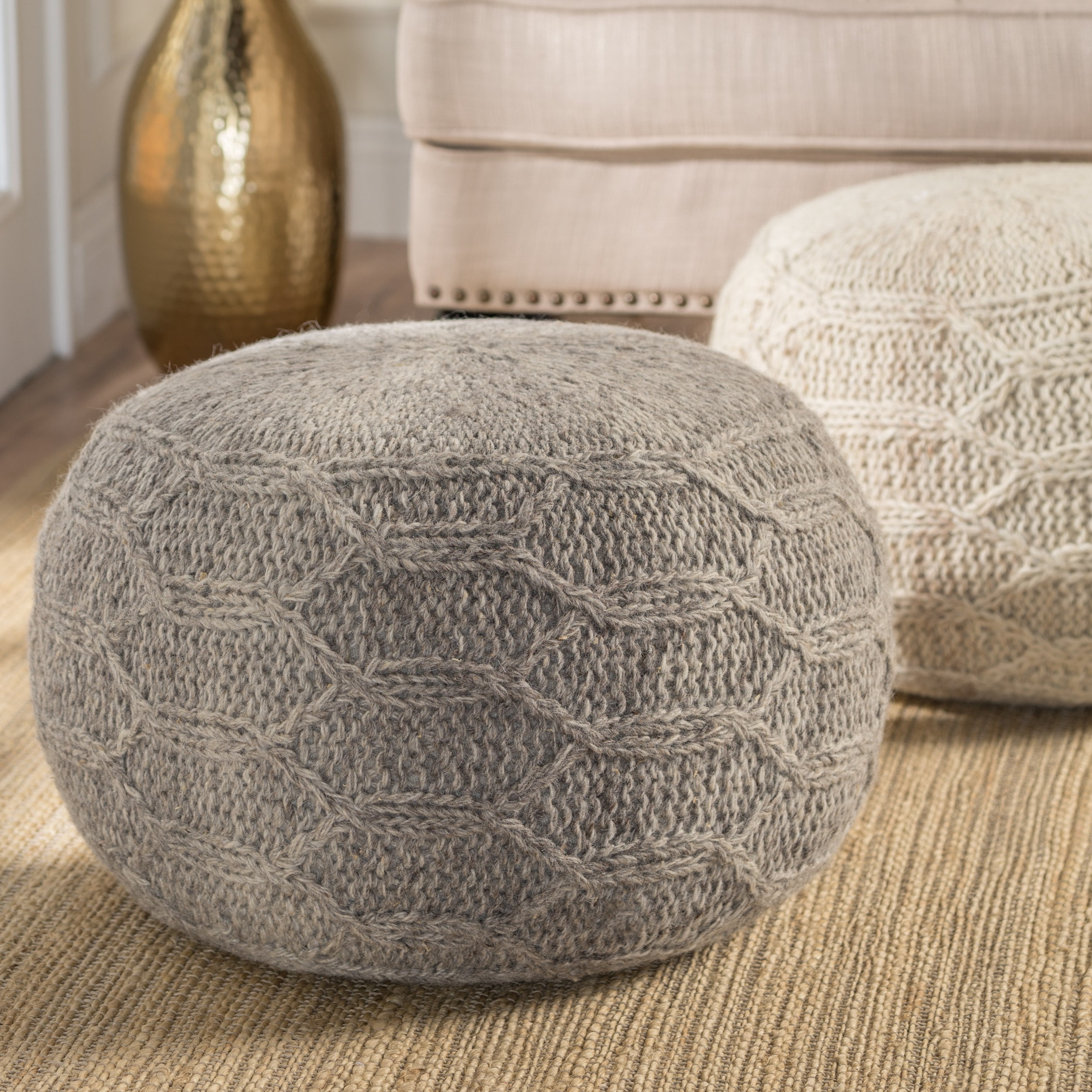 Noble House Handcrafted Boho Fabric Pouf, Gray