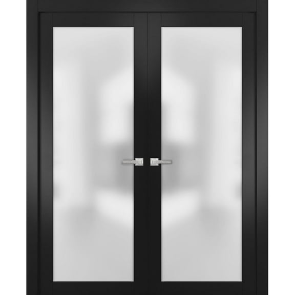 Solid French Double Doors Frosted Glass | Planum 2102 Matte Black | Wood Solid Panel Frame Trims | Closet Bedroom Sturdy Doors-36" x 84" (2* 18x84)
