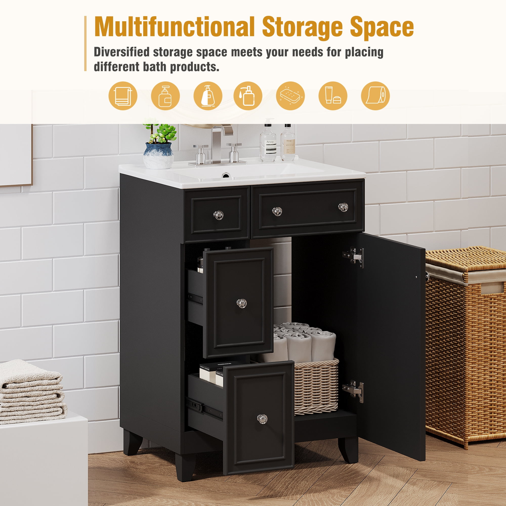 EUROCO Bathroom Vanity with Ceramic Sink, 24" Freestanding Bathroom Cabinet Vanity with 2 Drawers,Lager Storage,1 Door ,Solid Wood Frame Bathroom Vanities,Black