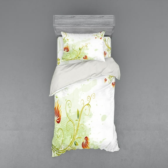 Ambesonne Floral Bedding Set 3 Pcs, Retro Grunge Swirl Petal, Twin, Green Green