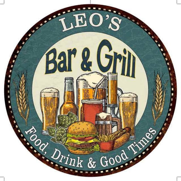 LEO'S Bar and Grill 14" Round Metal Sign Kitchen Wall Decor 100140023020