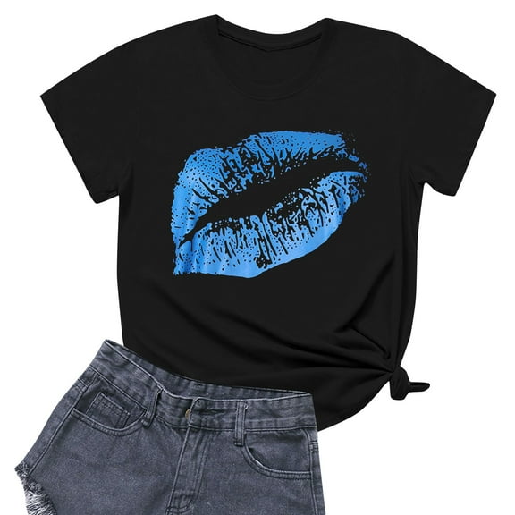 NAMTYQX Women's Blouses Short Sleeve Breathable Looses Light Hawaiian Bedrucktes Round Neck Graphic Oversized Plus Size Summer Tops Blue Size L