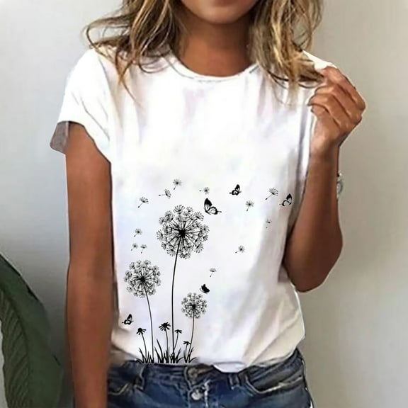 Sakmal Short Sleeve Womens Tops Under $10 White Crew Neck Modal Graphic T-Shirts Womens T Shirts