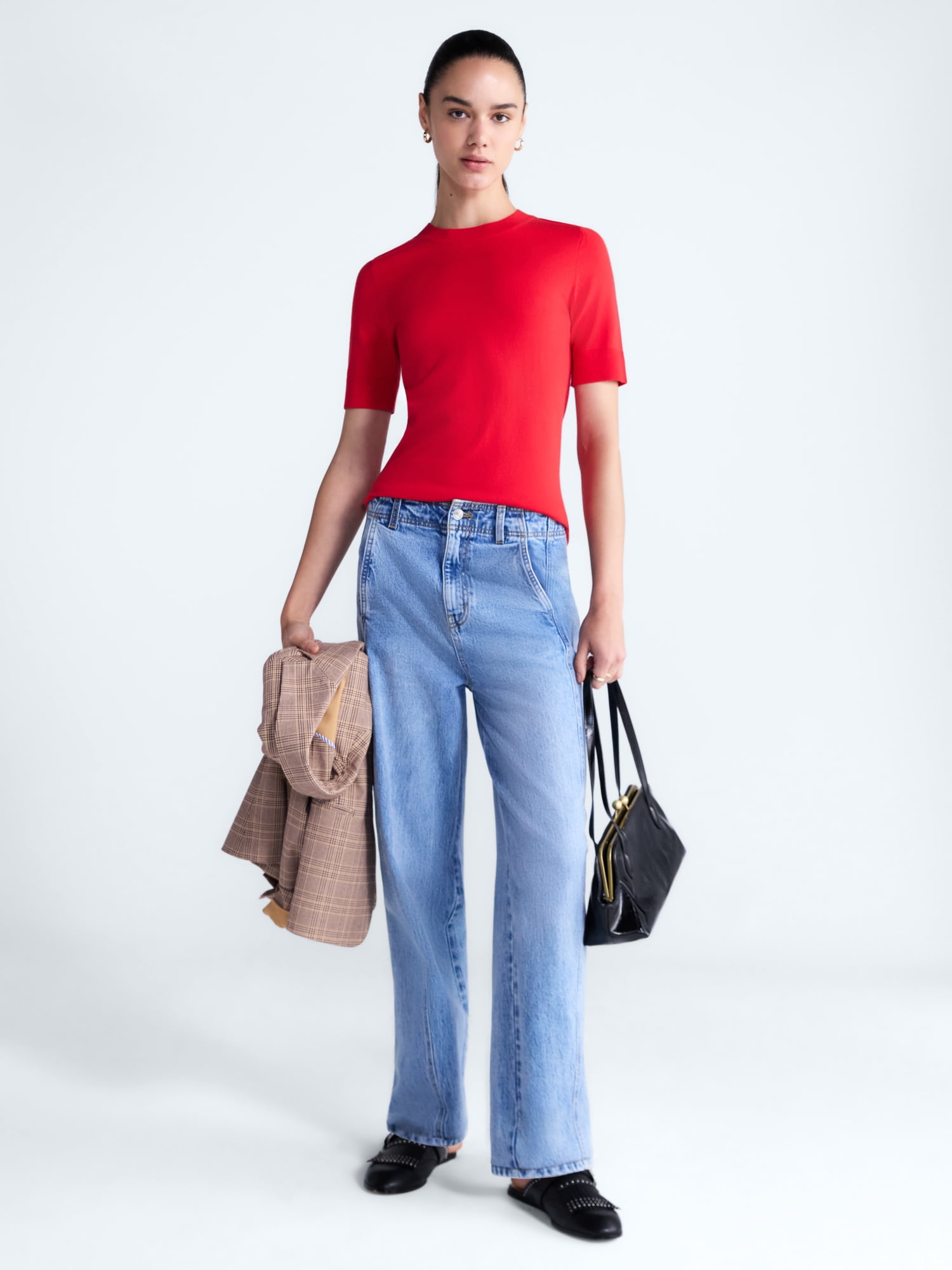 Free Assembly Women's and Women's Plus Cozy Yarn Sweater Tee with Short Sleeves, Sizes XS-4X
