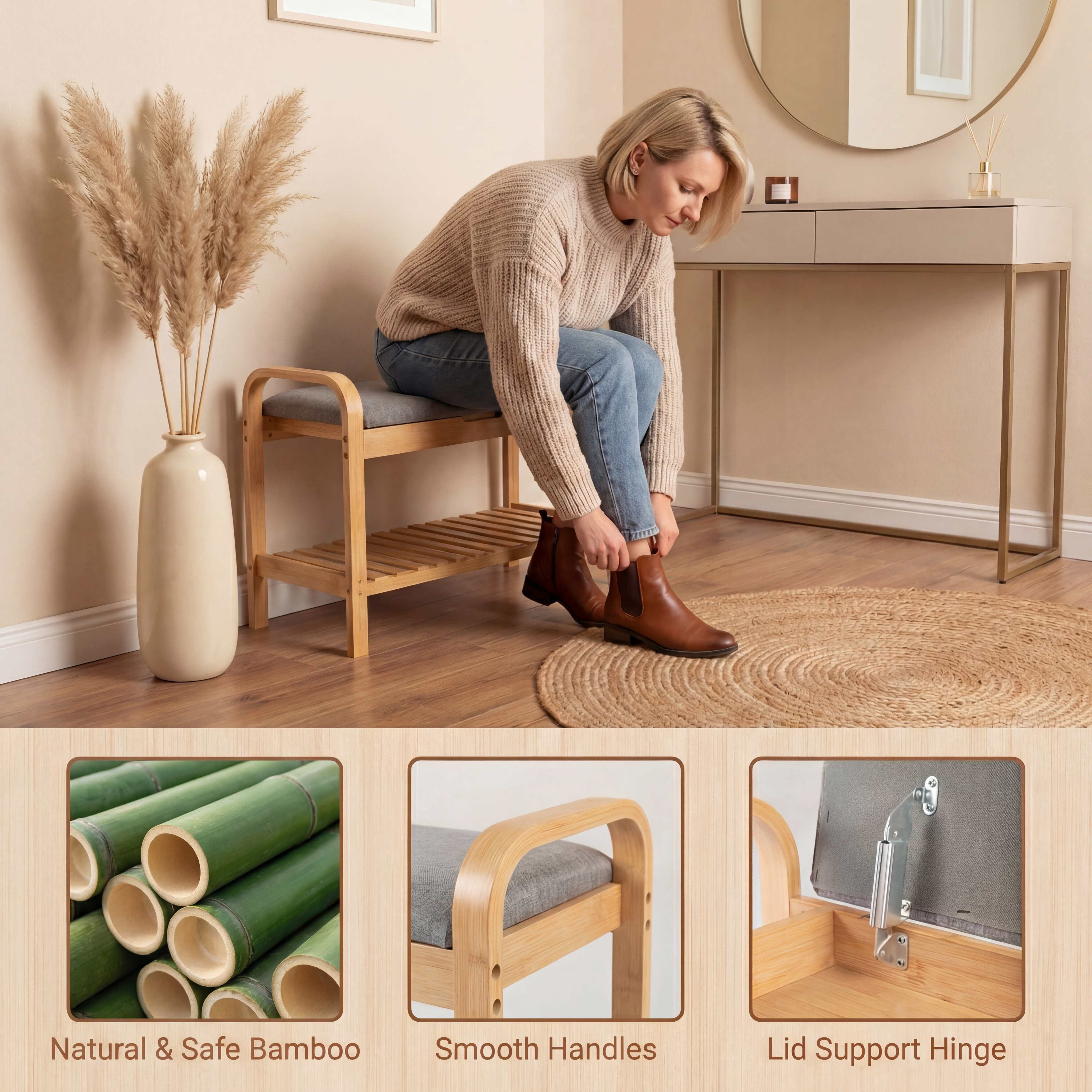 ELLEGNT 2-Tier Shoe Rack Bench with Upholstered Seat – Solid Wood Shoe Storage Organizer for Entryway