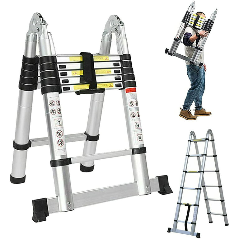 Bowoshen Telescoping Ladder a-Frame Straight 2-in-1 Extension Ladder 12.5ft  Heavy Duty Portable Home RV with Safety Stabilizer Lock Hinge Non Slip  Feet,330lbs Max Load,EN131 
