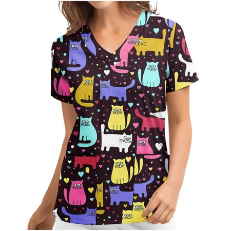 

Workout Tops for Women Going Out Tops for Women Women s Short Sleeve V Neck Working Uniform Print Workwear Blouses Pullover T Shirts Tops Western Shirts for Women Workout Shirts Purple S