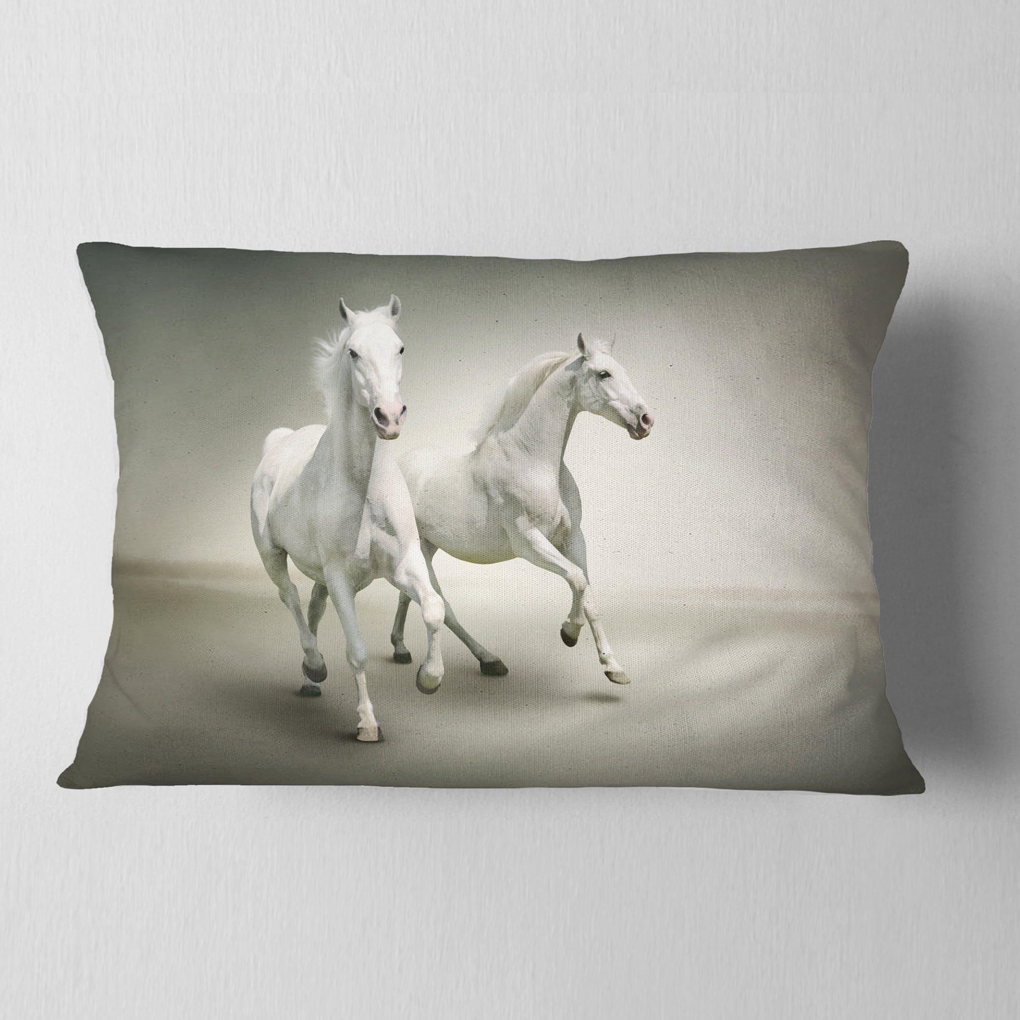 Designart Fast Moving White Horses - Animal Throw Pillow - 12x20