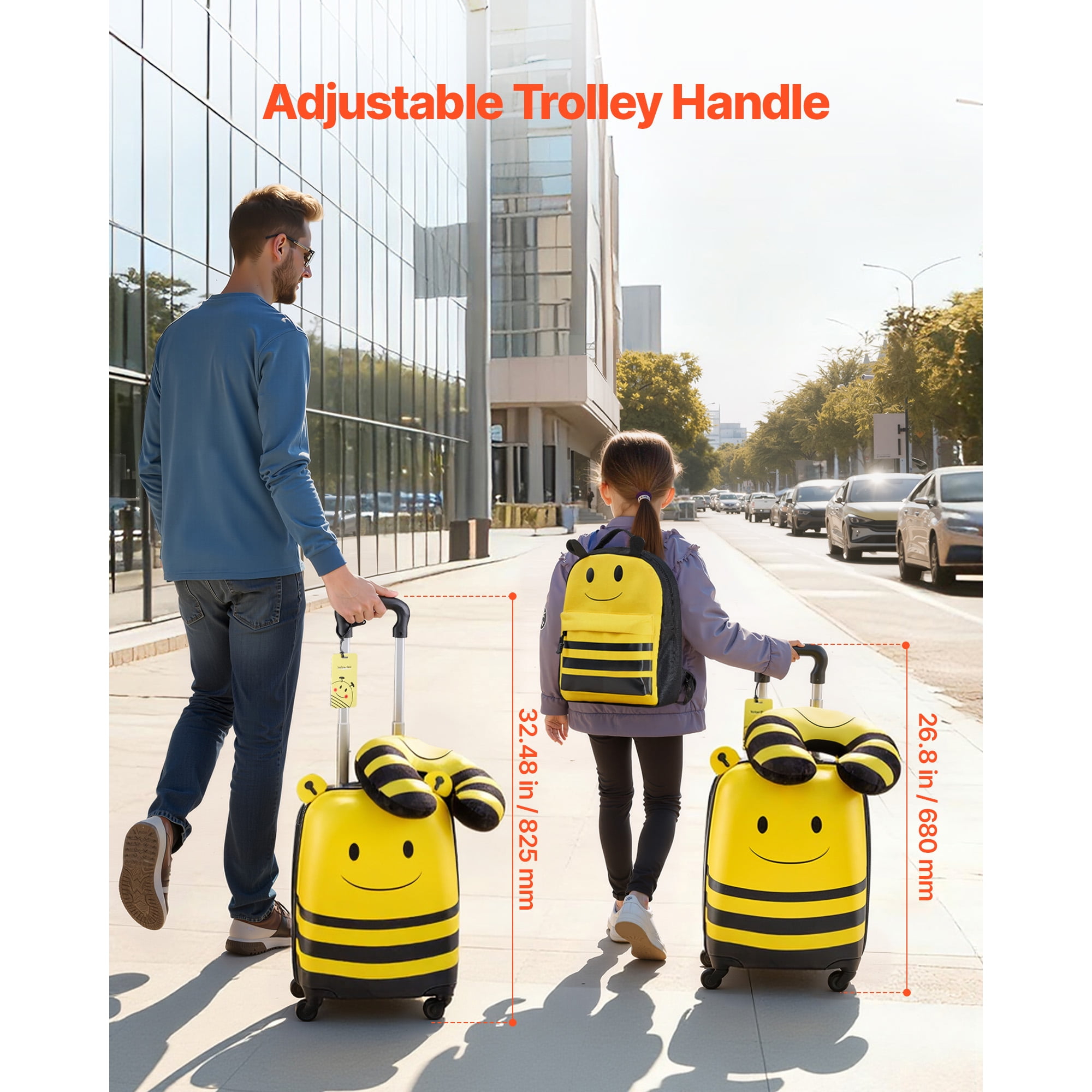 KFFKFF Kids Luggage Set, 5-Piece, 18-Inch Hard-Shell Rolling Suitcase with Backpack & U-Shaped Pillow, Bee-Themed Carry-On for Children, Travel Gift for Boys and Girls, Airline Friendly