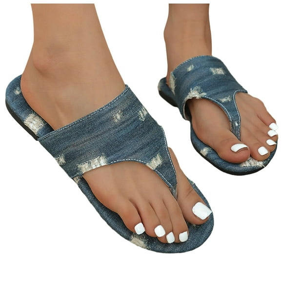 IUJSOY Women's Denim Casual Gladiator Flat Sandals Beach Dressy T-Strap Thong Sandals Flip Flops