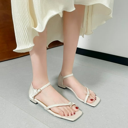 

Homadles Womens Flat Sandals- Beach Square Toe Pearl New Flats Sandals Beige Size 5.5