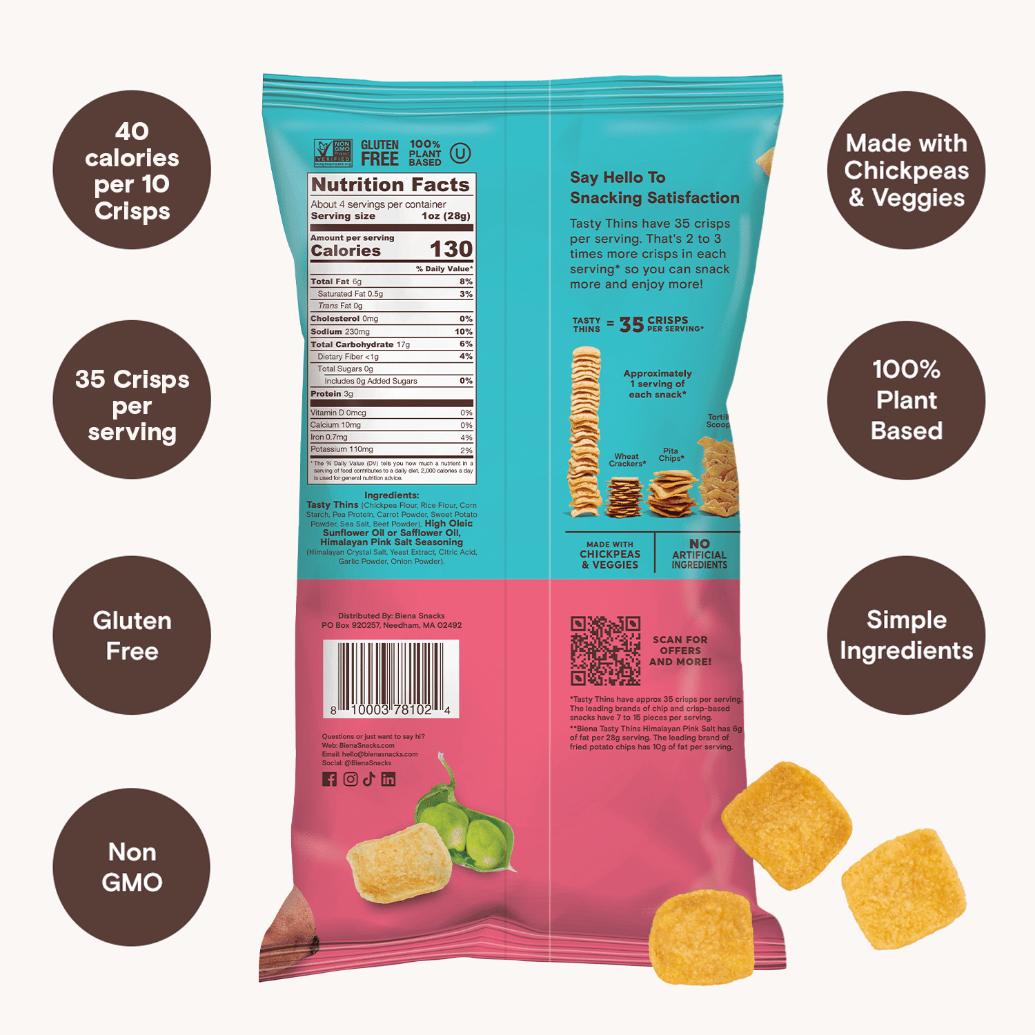 (2 pack) Biena Tasty Thins Snack Crisps, Himalayan Pink Salt Flavor, 4oz